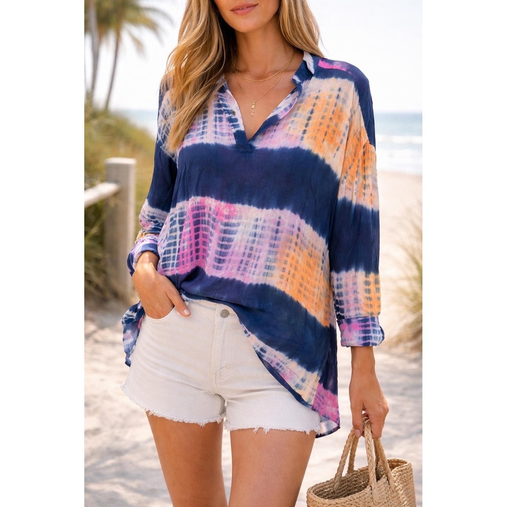 Lucy Love Tie Dye Tunic Top Oversized High Low Navy Pink Size Medium Boho Blouse